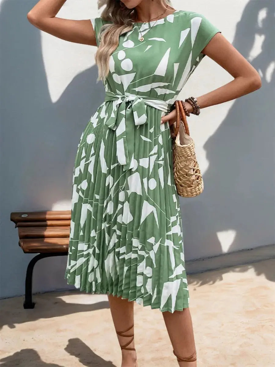 Perfee Tied Pleated Printed Cap Sleeve Dress for Women - Love Salve